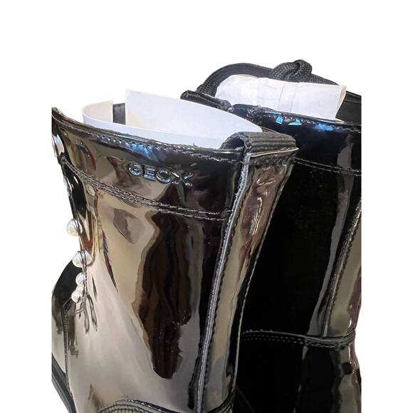 Geox Eclair Pearl Combat black Boots Italian faux Patent leather womens 39/ US 8 - Picture 8 of 10